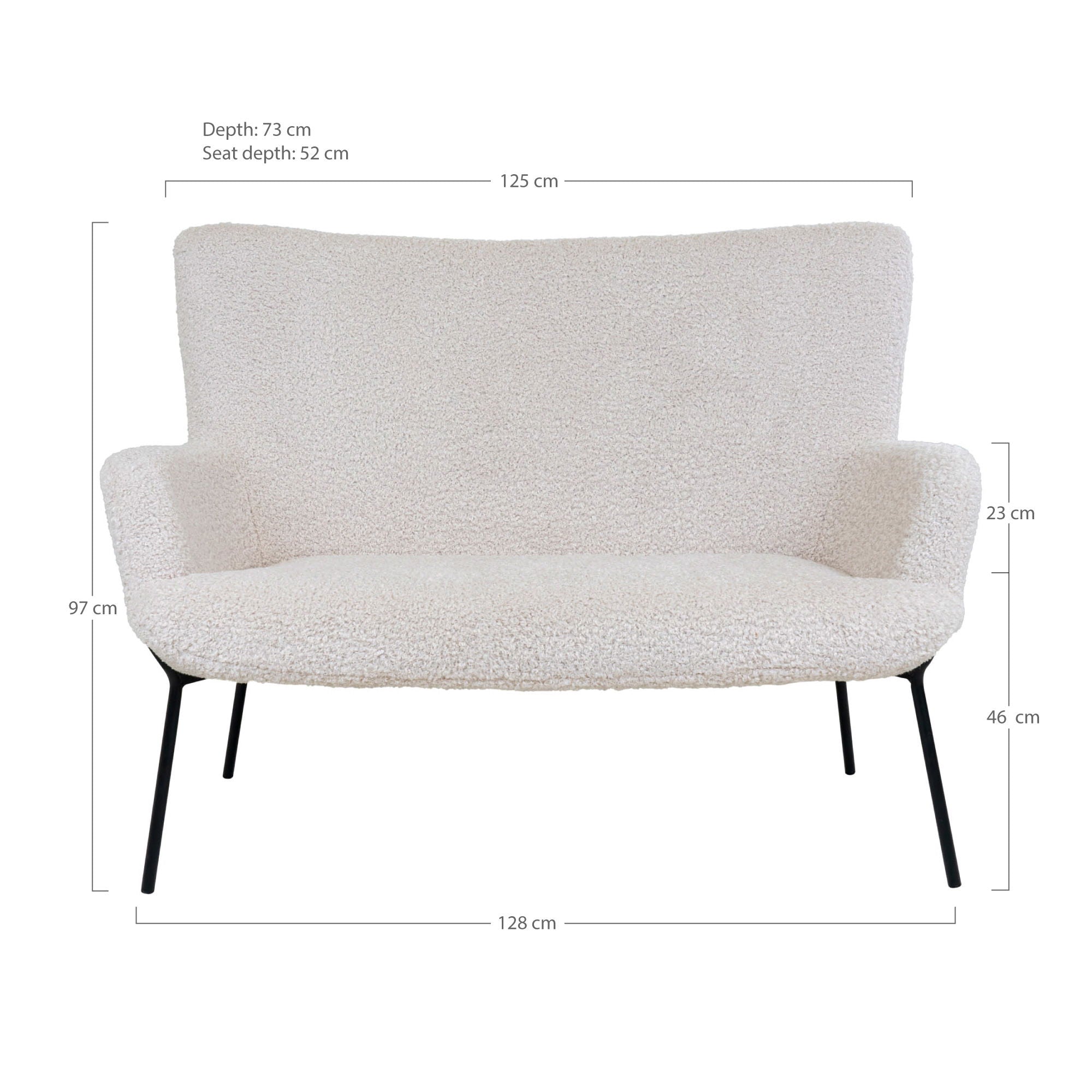 Glasgow – 2-Sitzer Sofa in Kunstlammfell, weiß mit schwarzen Beinen, 128x73x97 cm
